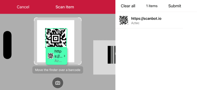 iOS Barcode Scanner AR Overlay highlighting a selected barcode in landscape orientation