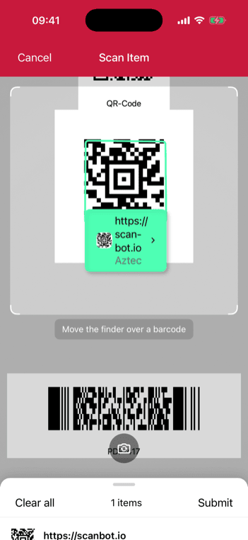 iOS Barcode Scanner AR Overlay highlighting a selected barcode in portrait orientation