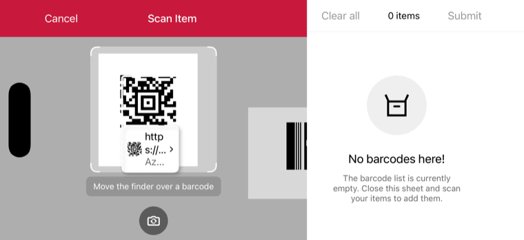 iOS Barcode Scanner AR Overlay highlighting an unselected barcode in landscape orientation
