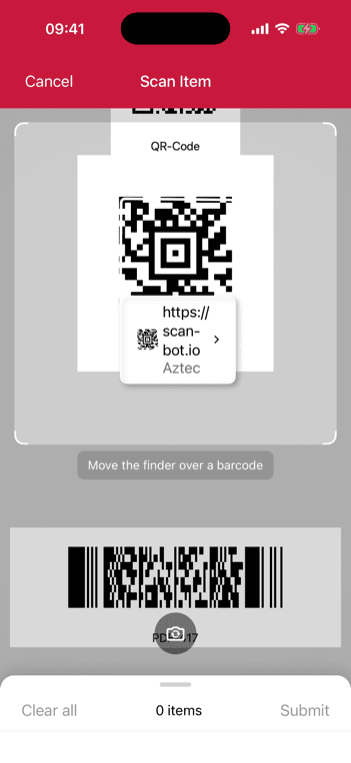 iOS Barcode Scanner AR Overlay highlighting an unselected barcode in portrait orientation