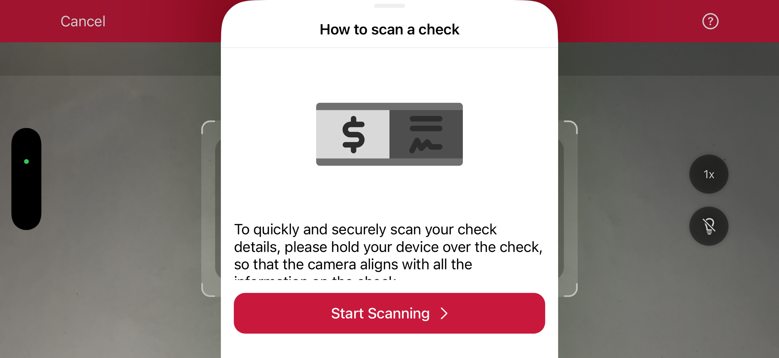 Check Scanner introduction screen in landscape orientation