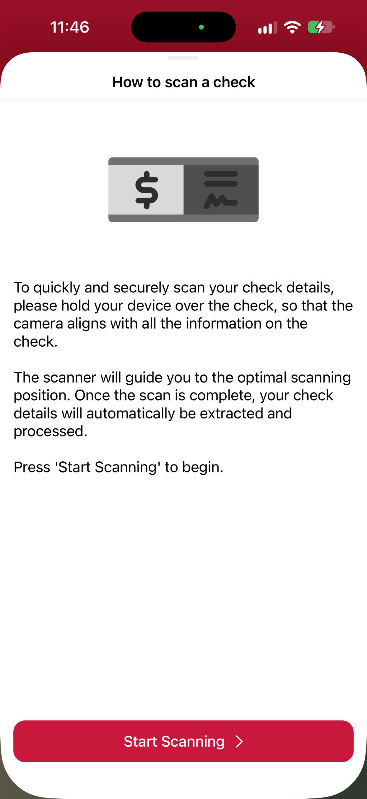 Check Scanner introduction screen in portrait orientation