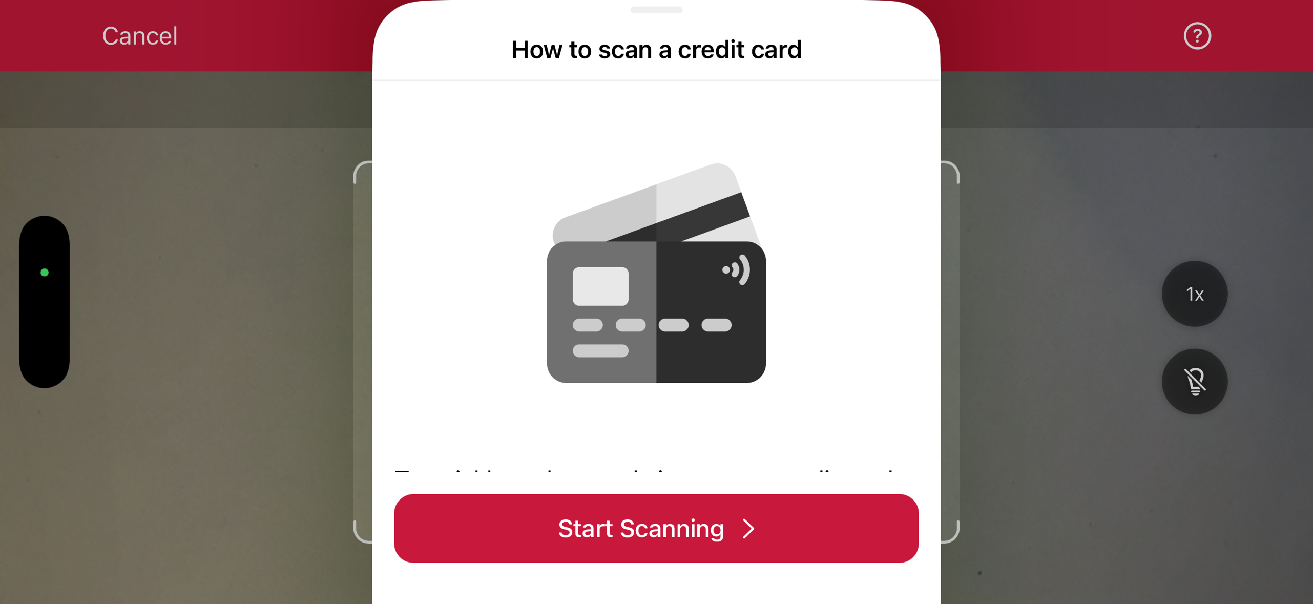 Credit Card Scanner introduction screen in landscape orientation