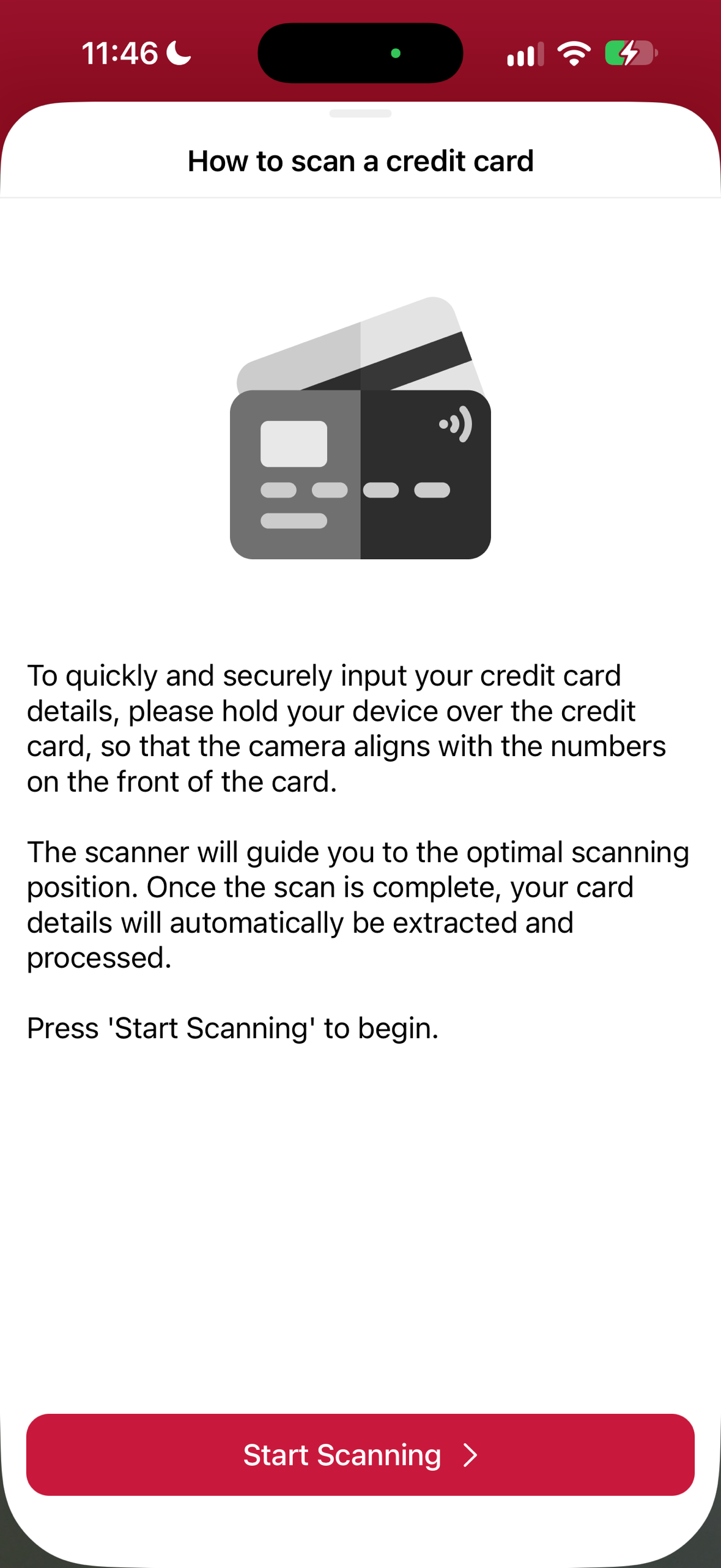 Credit Card Scanner introduction screen in portrait orientation