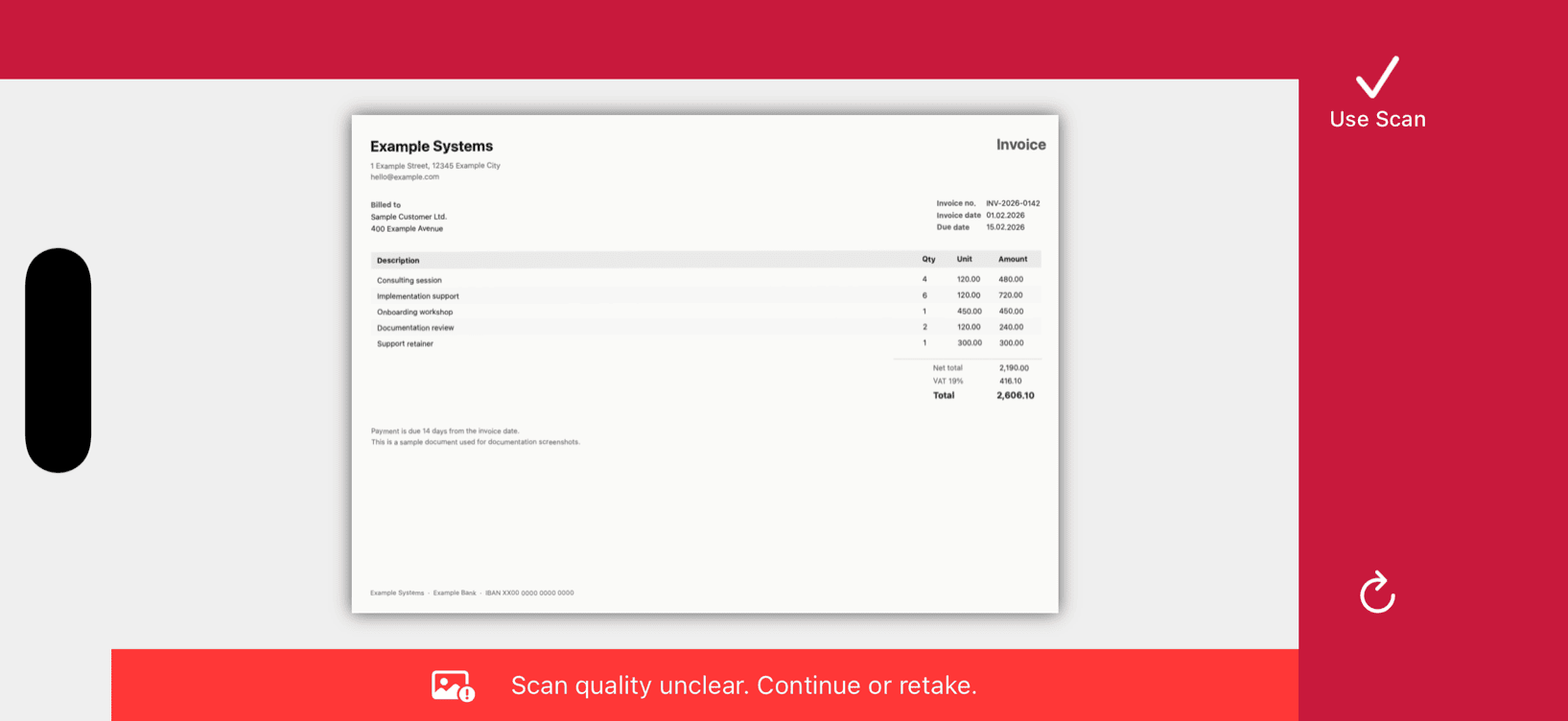 Document Scanner acknowledgment screen in landscape orientation