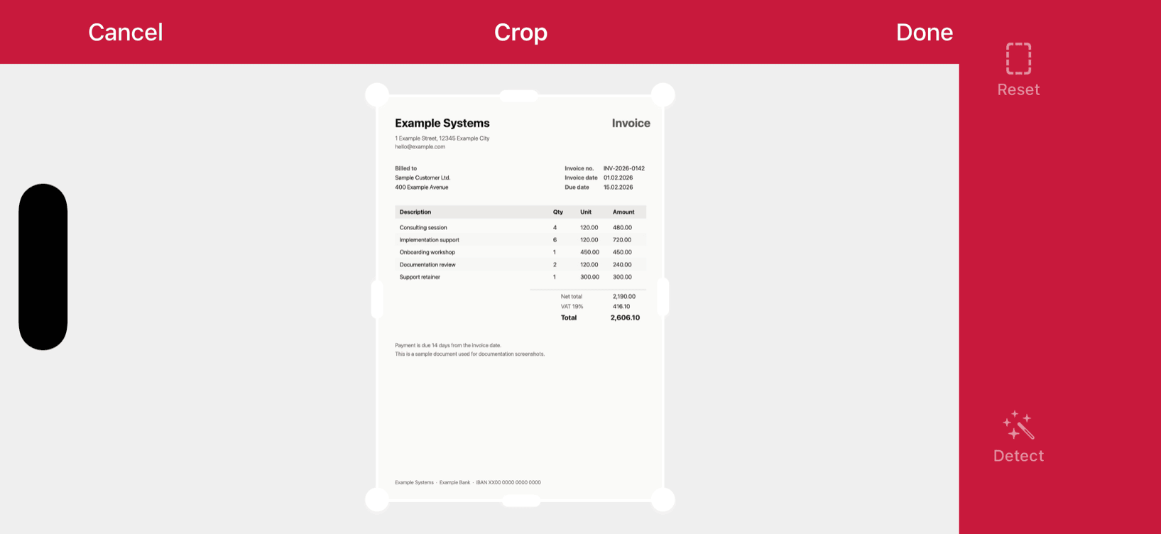 Document Scanner crop screen in landscape orientation