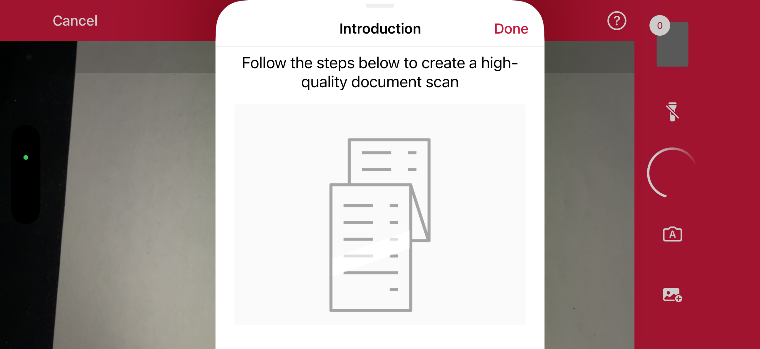 Document Scanner introduction screen in landscape orientation