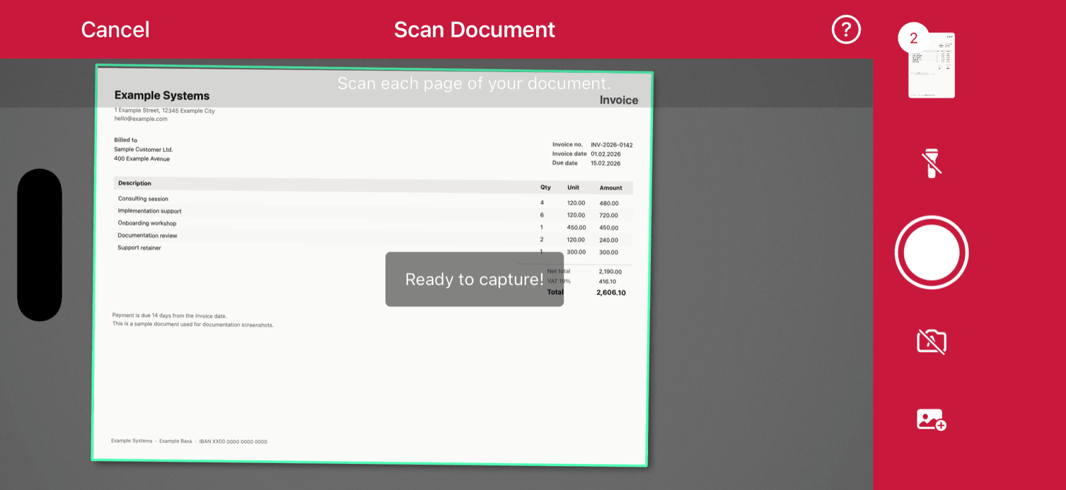 Multi-page document scanning in landscape orientation