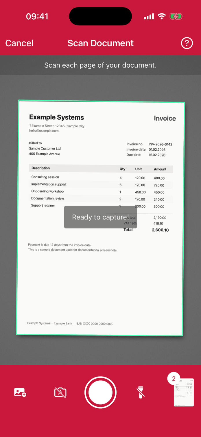 Multi-page document scanning in portrait orientation