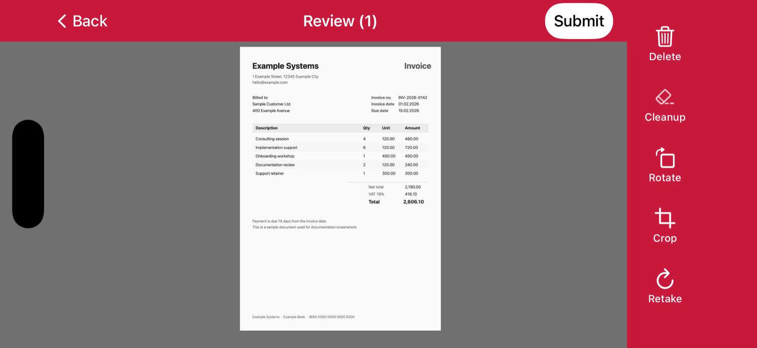 Document Scanner review screen in landscape orientation