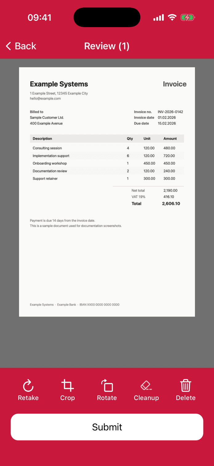 Document Scanner review screen in portrait orientation