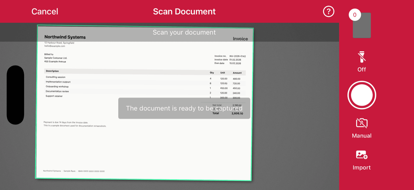 Document Scanner scanning screen in landscape orientation