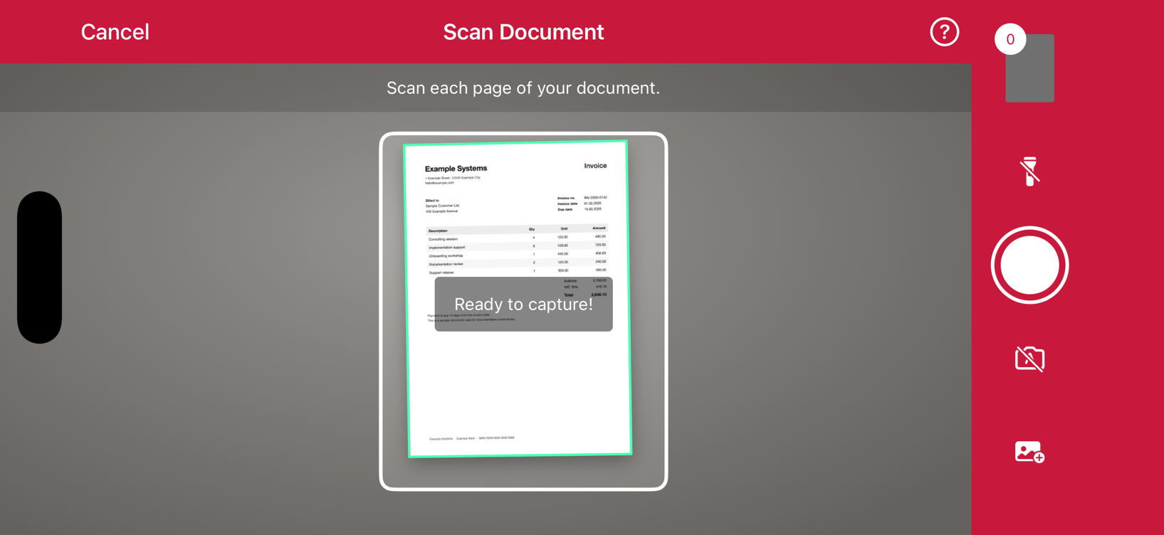 Document scanning with a stroked viewfinder in landscape orientation