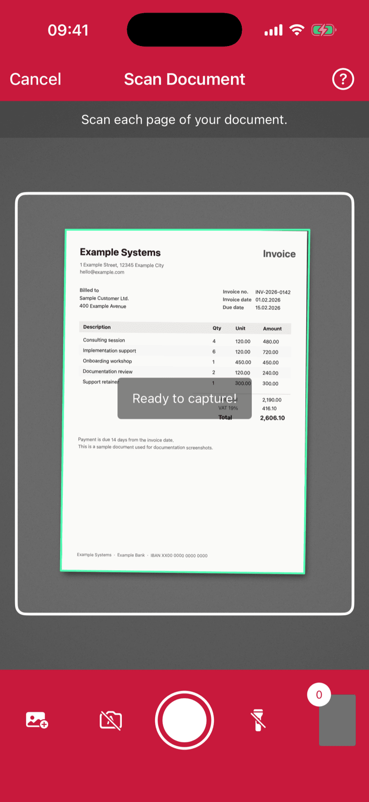 Document scanning with a stroked viewfinder in portrait orientation