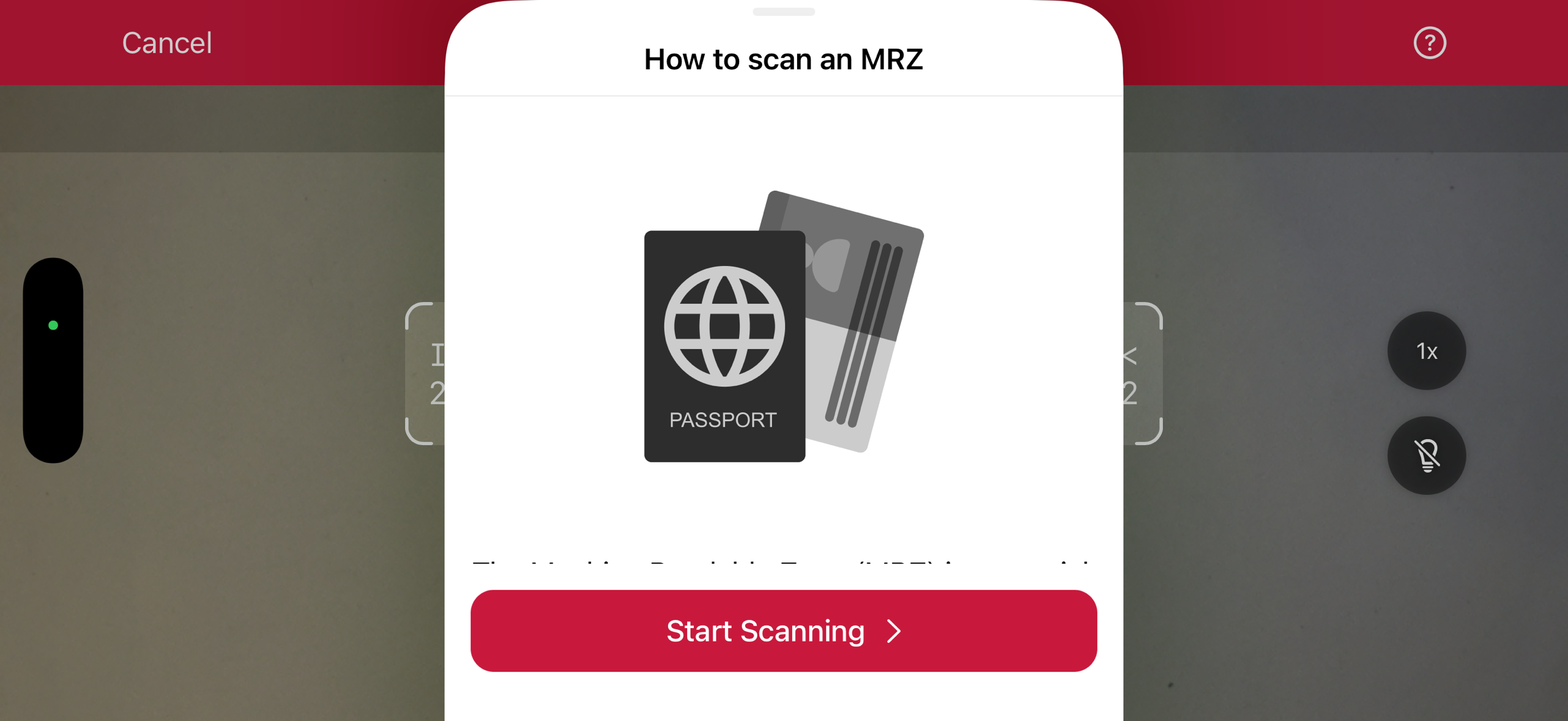 MRZ Scanner introduction screen in landscape orientation