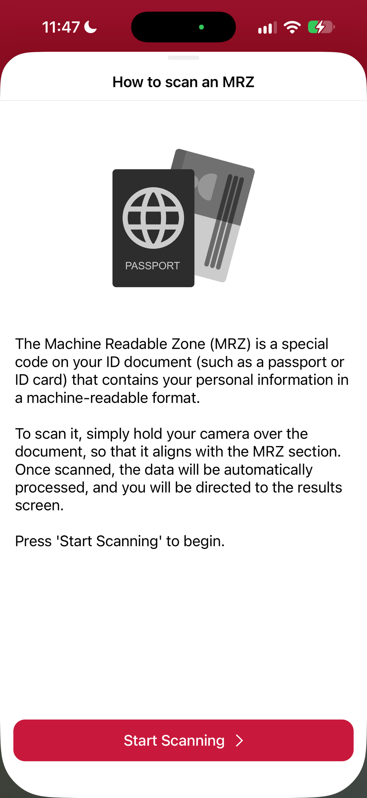 MRZ Scanner introduction screen in portrait orientation