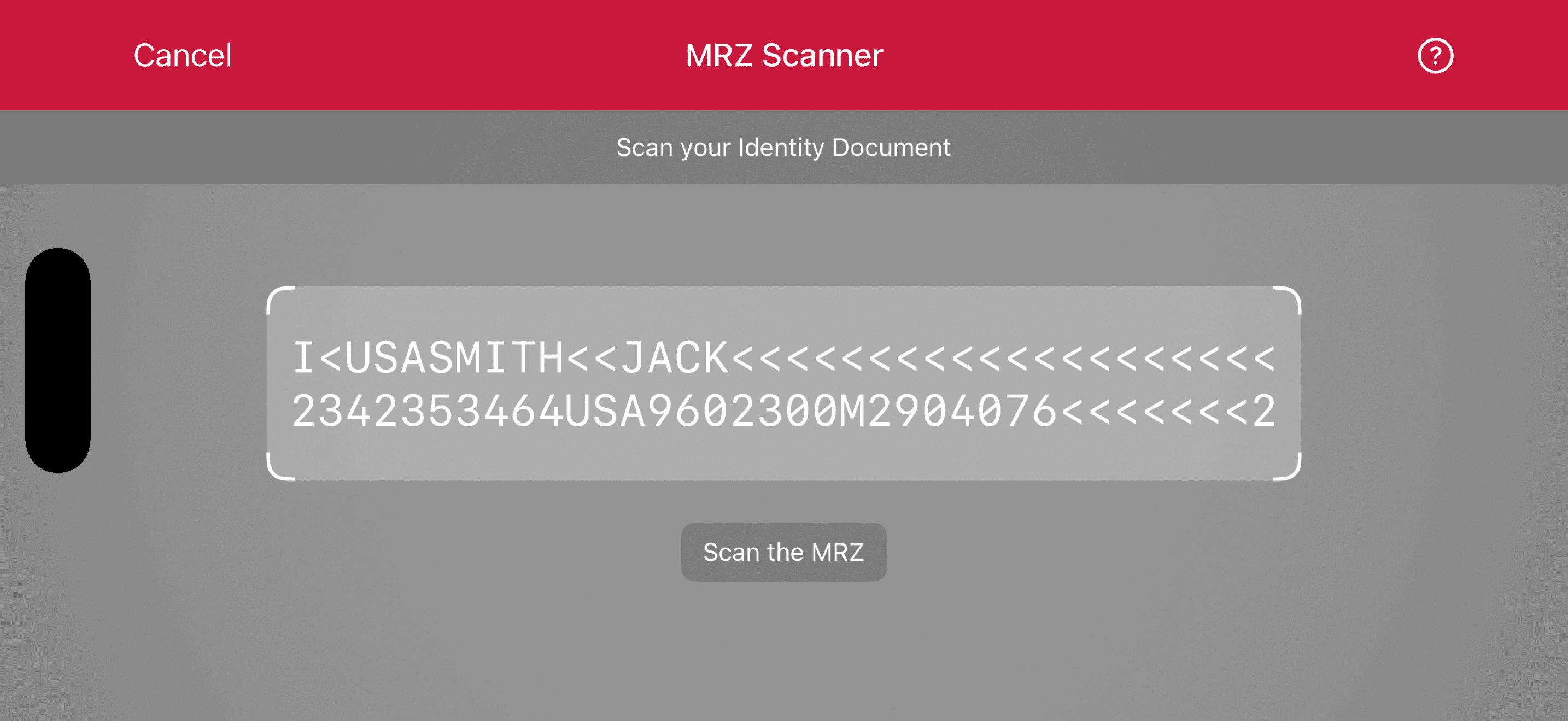 MRZ Scanner scanning screen in landscape orientation