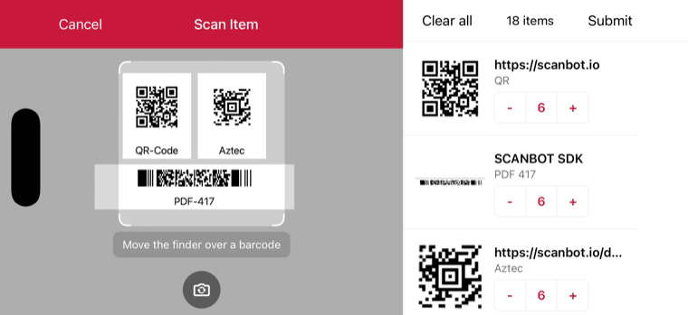 iOS Barcode Scanner results sheet shown as a button in landscape orientation