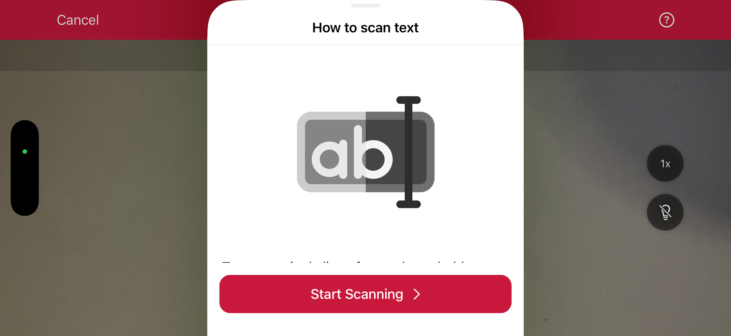 Text Pattern Scanner introduction screen in landscape orientation