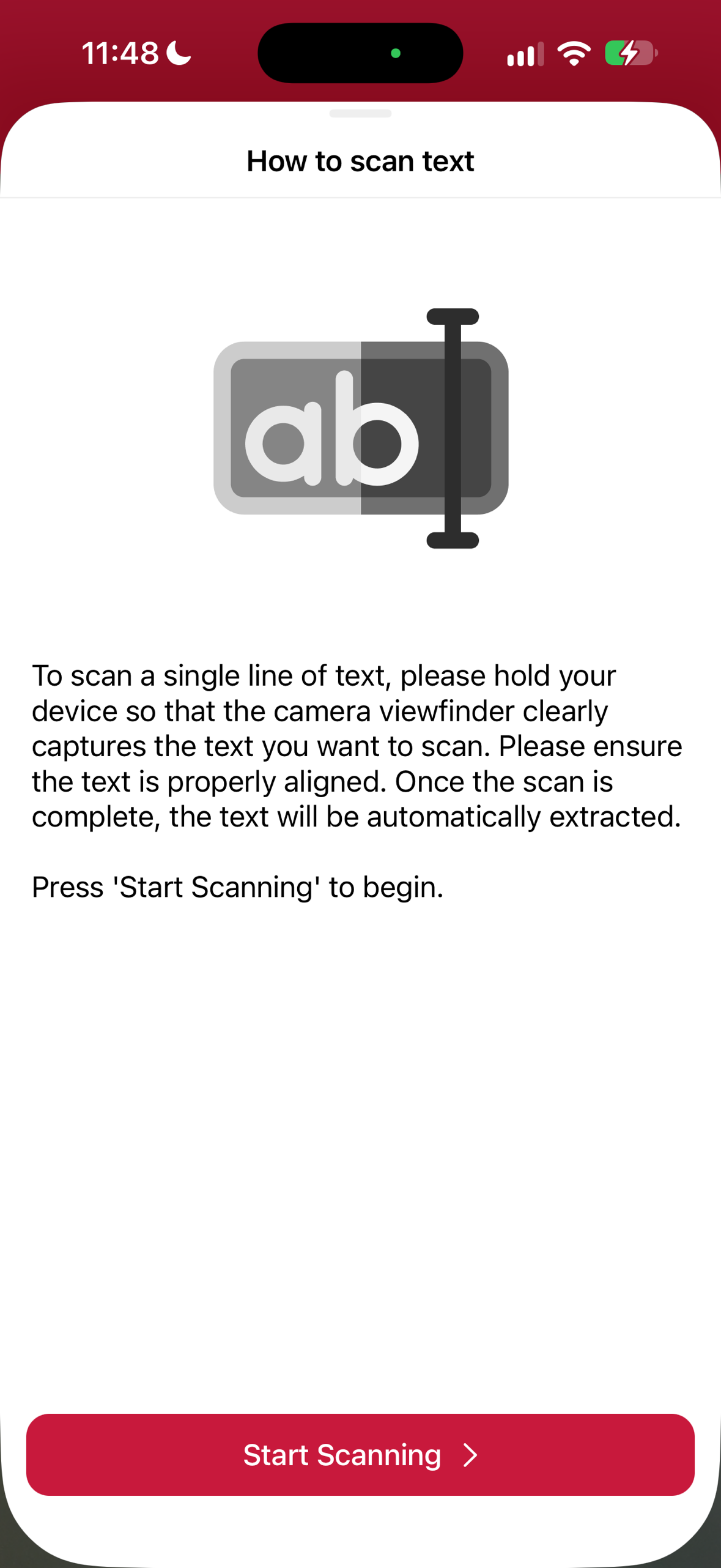Text Pattern Scanner introduction screen in portrait orientation