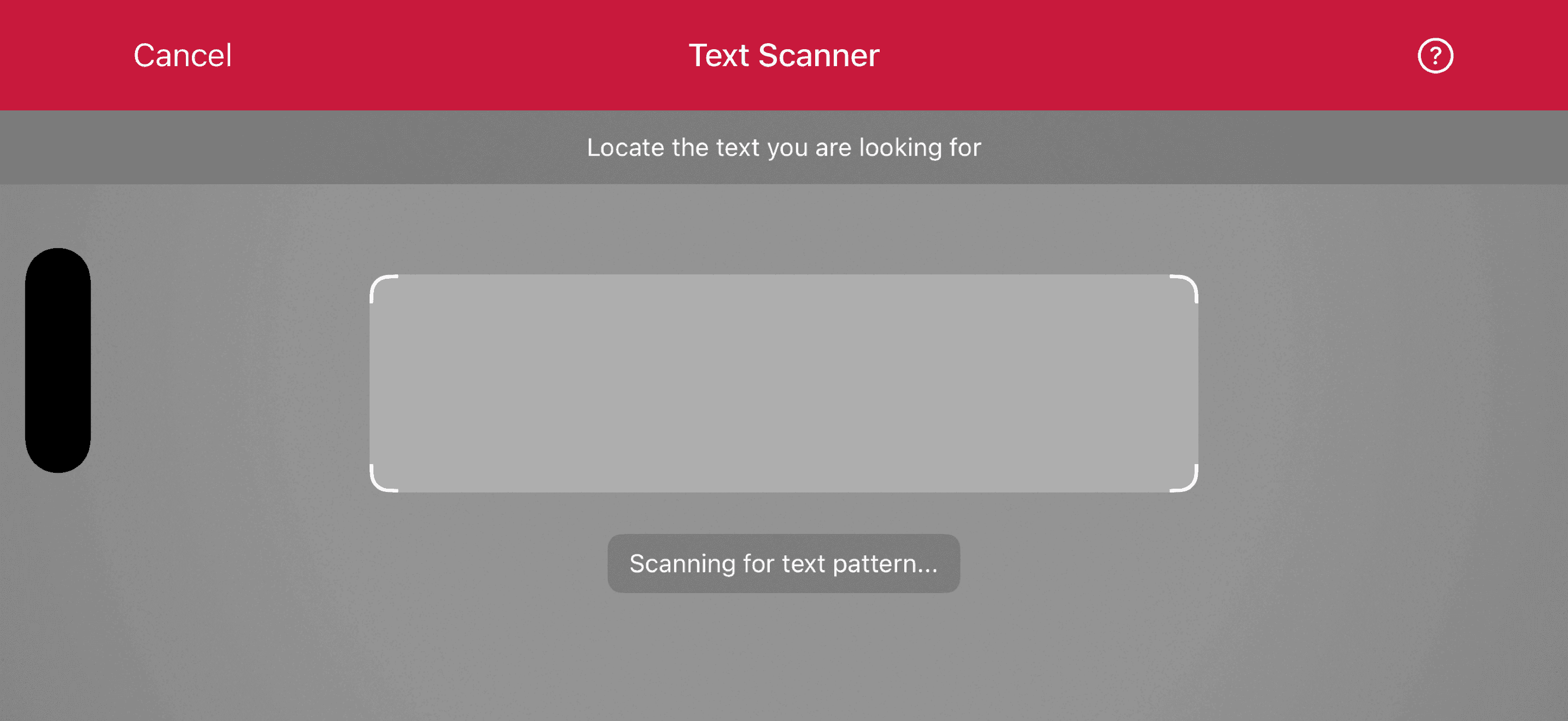 Text Pattern Scanner scanning screen in landscape orientation