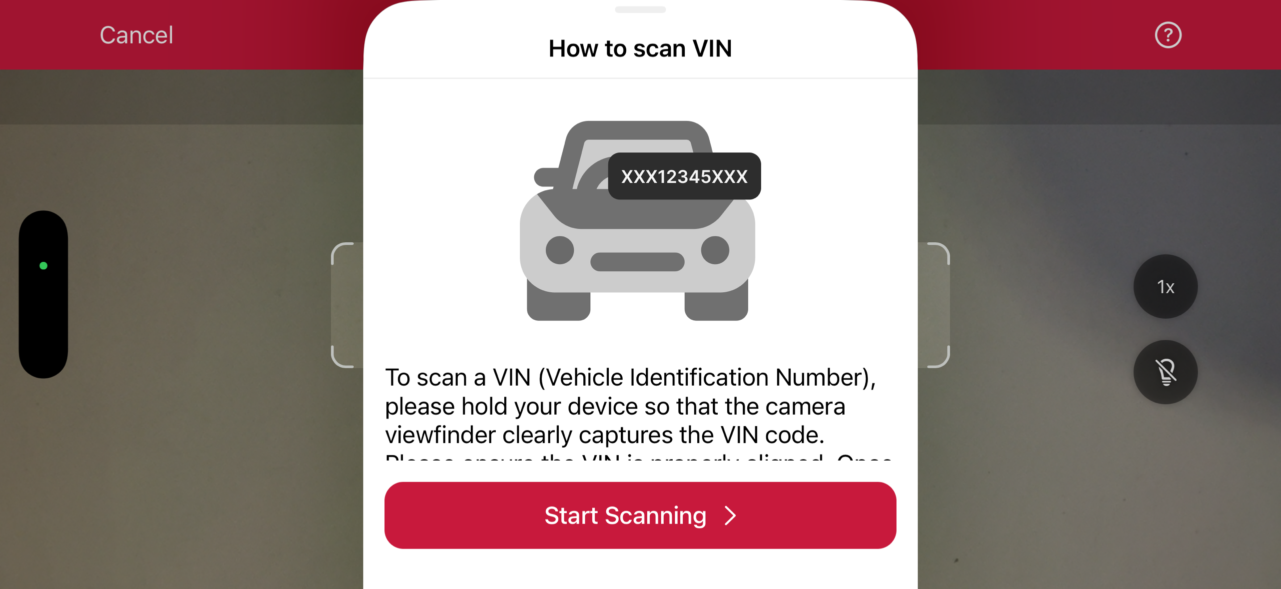 VIN Scanner introduction screen in landscape orientation