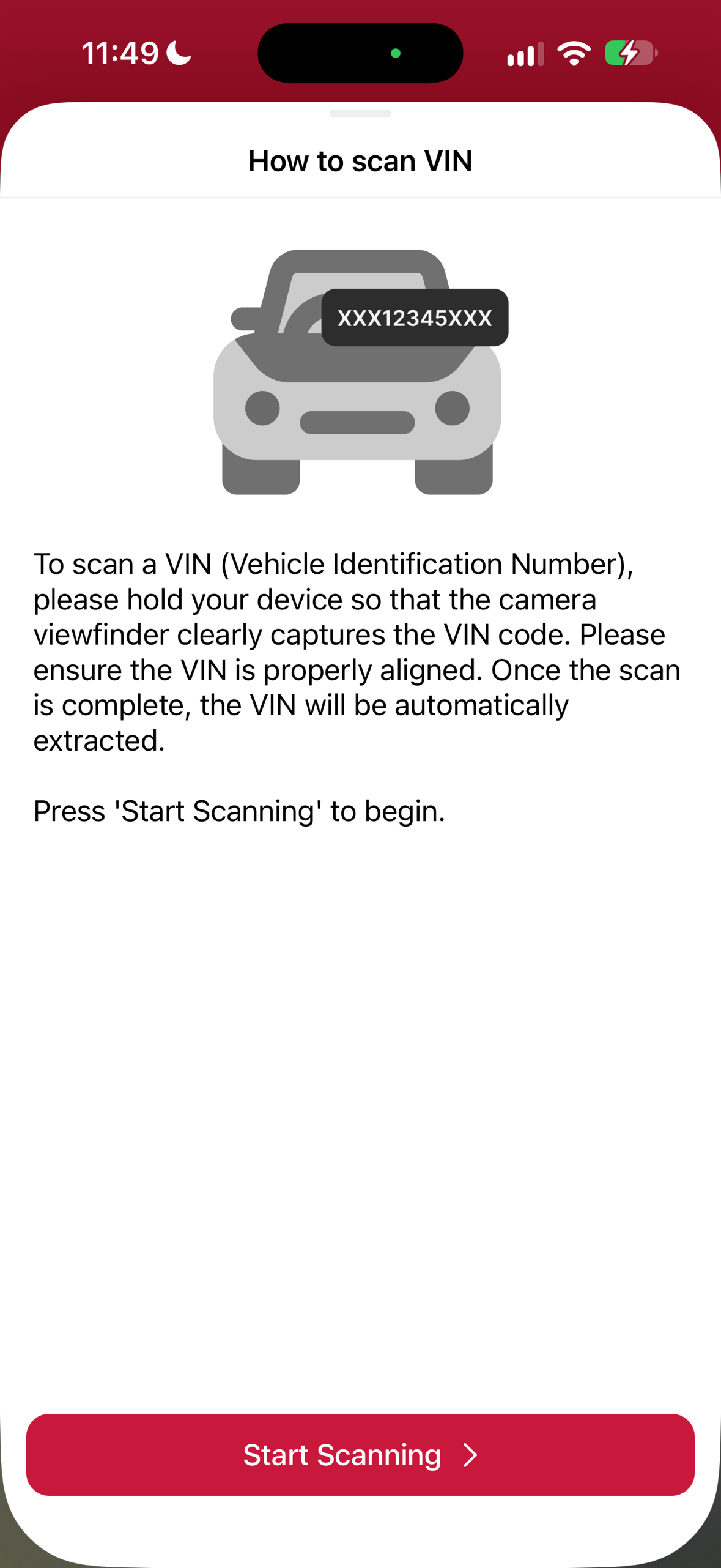 VIN Scanner introduction screen in portrait orientation